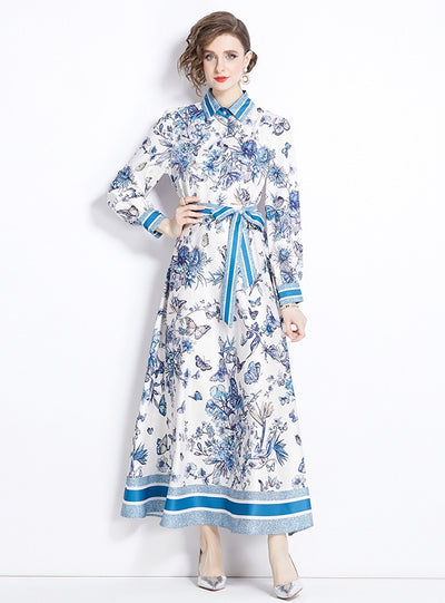 Retro Printed Lapel Long Sleeve Dress