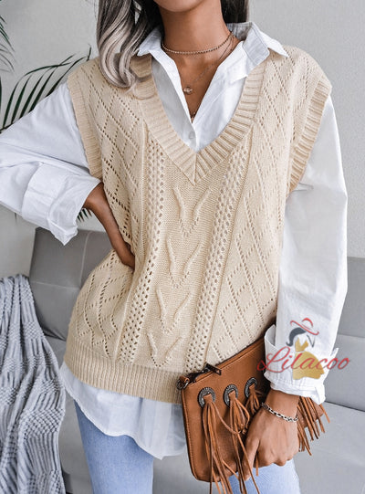 Hollow Twist V-neck Knitted Vest Sweater