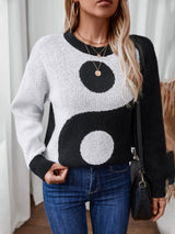 Contrast Color Round Neck Loose Long Sleeve Sweater