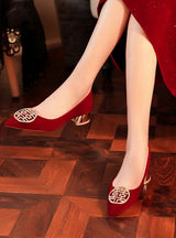 Low Heel Pointed Suede Red Shoes