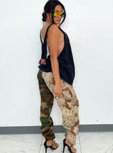 Contrasting Color Camouflage Pants Overalls