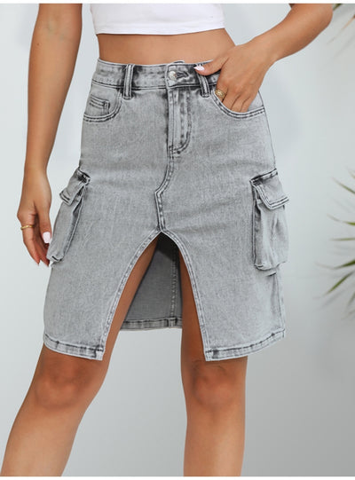 Front Split White High Waist Denim Skirt