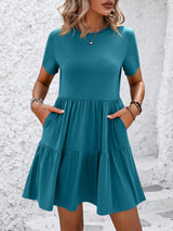 V-neck Pleated Short-sleeved Dress