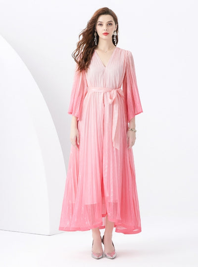 V-neck Flared Sleeve Long Gradient Print Dress