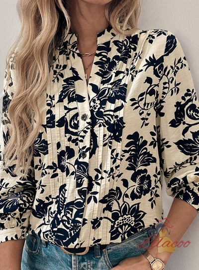 Retro Printed Shirt Stand-up Collar Top