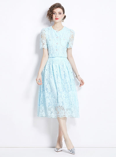 Short Sleeve Lace Shirt+Skirt Two-piece Suit