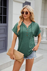 Solid Color Hooded Button Loose Short Sleeve T-shirt