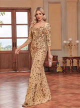 Gold Mermaid Sequins Short Sleeve Prom Dress