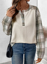 Plaid Stitching Long Sleeve Round Neck T-shirt