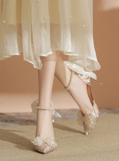 Bow Stiletto Heels Pearl Chain Wedding Shoes