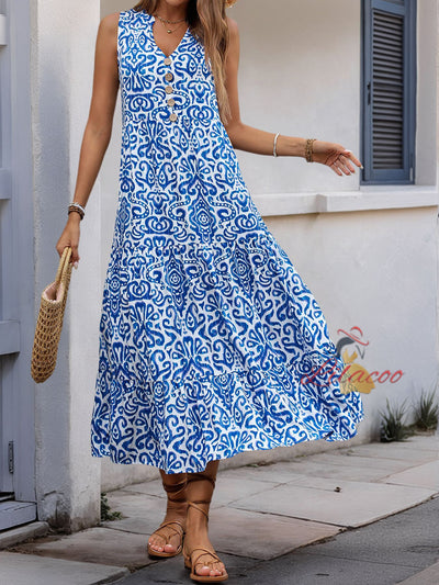 V-neck Button Printed Sleeveless Dress