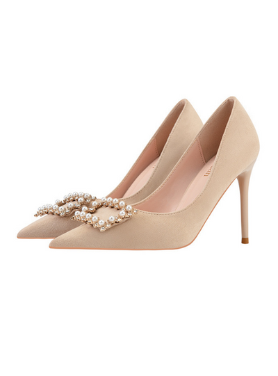 Pointed Pearl Rhinestone Square Buckle Shoes