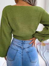 Bow V-neck Lantern Sleeve Navel Sweater