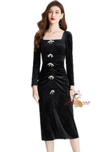 Square Wave Split Slim Bow Velvet Dress