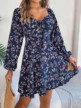 Sexy Square Collar Floral Long Sleeve Dress