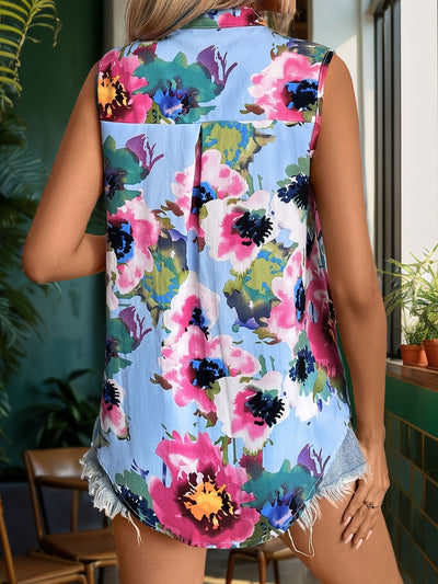 National Style Collar Printed Sleeveless Shirt