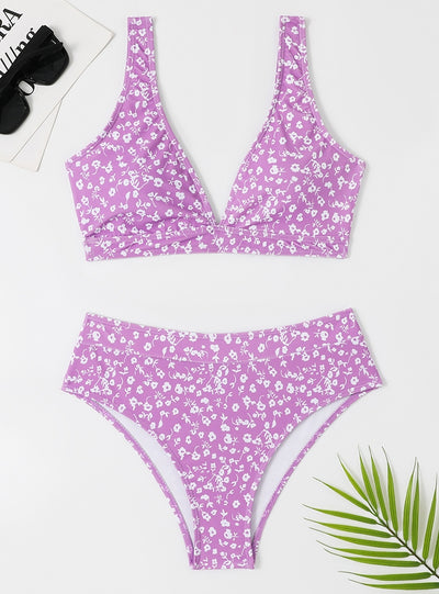 Split High Waist Leaf Printed Bikini