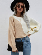 Bat Sleeve Color Matching Round Neck Sweater