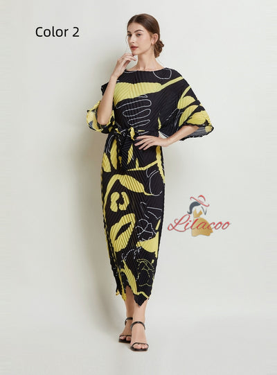 Folding Printed Silm Waist Dress