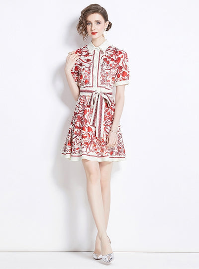 Retro Printed Slim Short-sleeved Dress