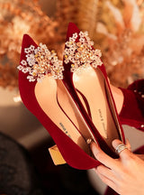 Red Thick-heeled Beads Wedding Shoes