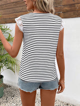 Striped Lace Stitching Short-sleeved Shirt