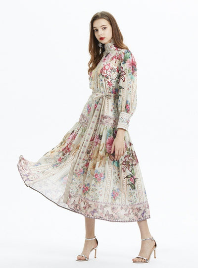 Lantern Sleeve Printed Ruffled Chiffon Two-piece Set