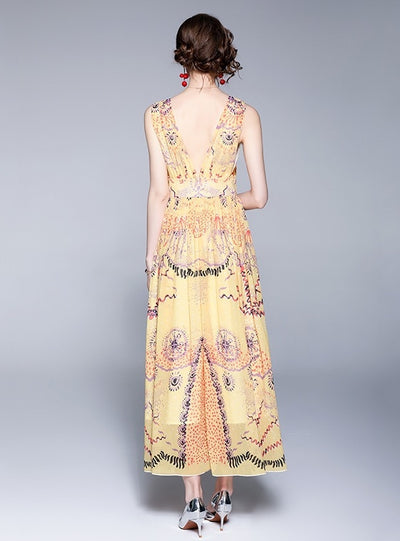 Sleeveless V-neck Chiffon Printed Beach Dress