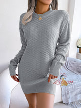 Solid Color Plaid Long Sleeve Sweater Dress