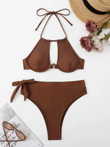 Solid Color High Waist Gathered Bikini