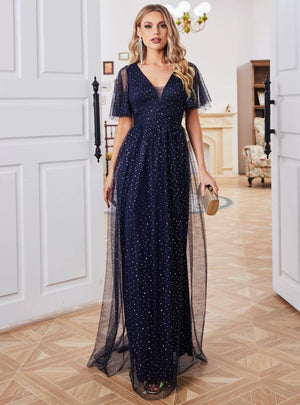 Navy Blue Tulle Sequins V-neck Prom Dress