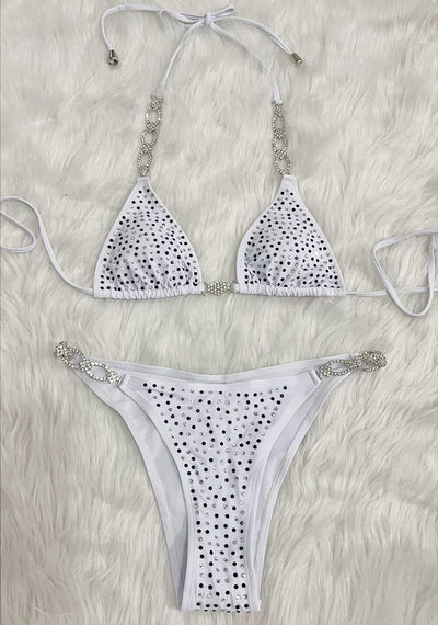 Sexy Rhinestones Split Solid Color Strap Bikini