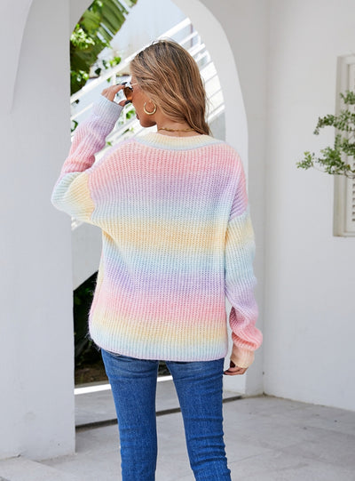 Rainbow Stitching Tie-dyed V-neck Pullover Sweater