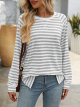 Striped Contrast Round Neck Long Sleeve T-shirt