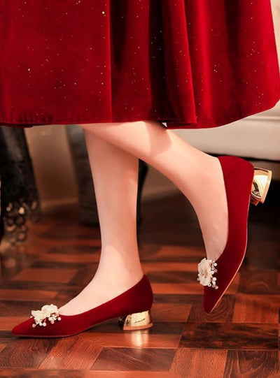 Short Heel Suede Pointed Red Wedding Shoes