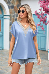 V-neck Lace Satin Short Sleeve Shirt