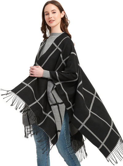 Black Double-sided Plaid Split Shawl