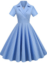 High Waist Striped Short Sleeve Retro Dress