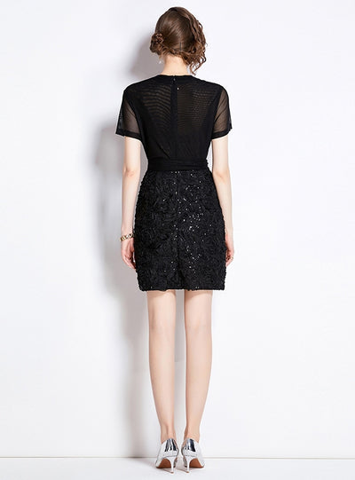 Black Sequined Stitching Slim Dress