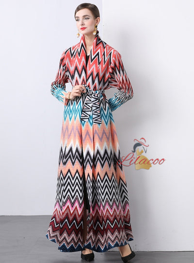 Pleats Loose Large Print Dress Coat