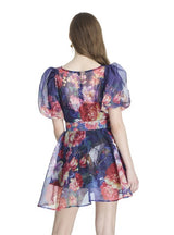 Retro Print Mini Bubble Sleeve Dress