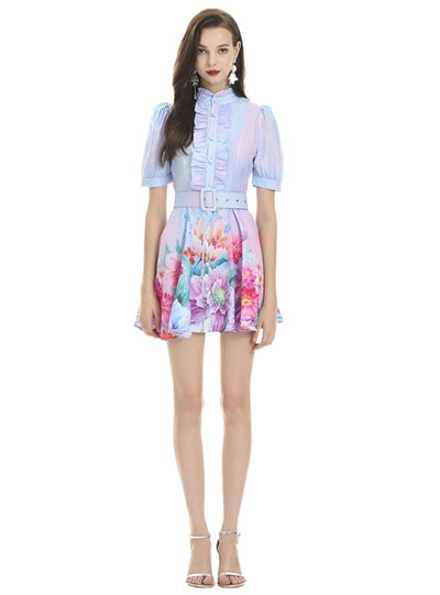 Lotus Leaf Mini Printed Short Sleeve Dress