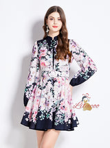 Floral National Stand-up Collar Lantern Sleeve Printed Dress