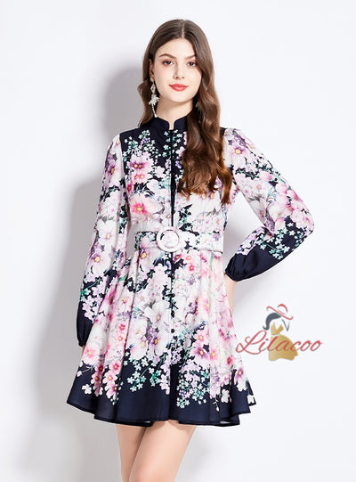 Floral National Stand-up Collar Lantern Sleeve Printed Dress