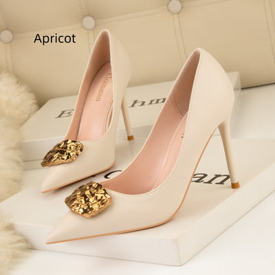 Thin High-heeled Pointed Metal Buckle Shoes