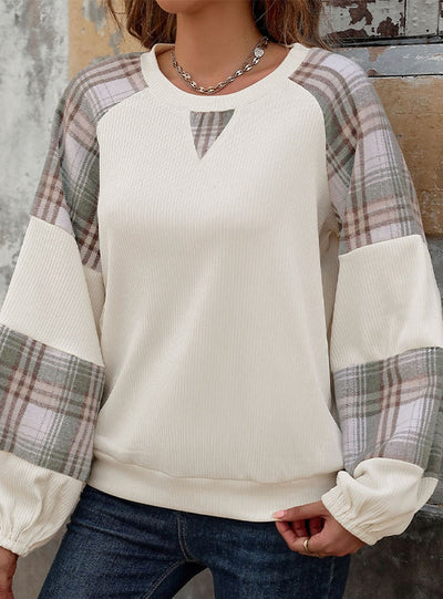 Plaid Contrast Stitching Round Neck Loose Top