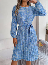 Casual Long-sleeved Floral Pleated Dress