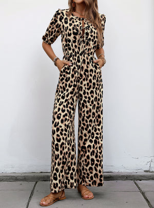 Strapped High Waist Leopard Print One-piece Jumpersuit