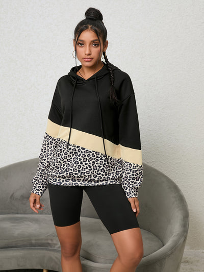 Leopard Print Splicing Hooded Long-sleeved Top