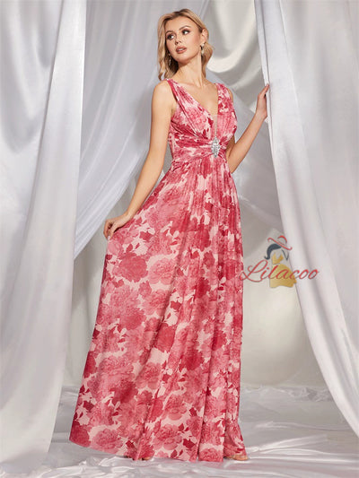 Chiffon V-neck Pink Print Dress